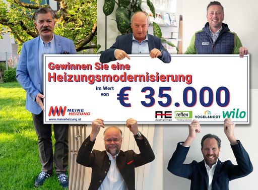 Gruppenbild in Zeiten von Corona: Gemeinsam
sponsern Egon Zirgoi (Vertriebsleitung Austria Email Österreich ,
Mitte oben), Alexander Sollböck (Geschäftsführer Reflex Austria,
rechts oben), Andreas Zottler (Vertriebsleitung Vogel & Noot
Österreich, Mitte unten) und Thomas Priglhuber (Vertriebsleitung
Wilo Österreich, rechts unten) eine Heizungsmodernisierung.
Eingebaut wird das System ehrenamtlich von Salzburger
Installateur-Innungsmeister Andreas Rotter (links).