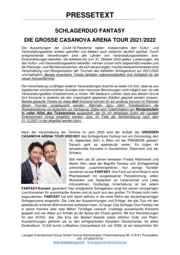 Vorschau Bild von Tourneeverschiebung Fantasy - die große Casanova Arena Tour 2021/2022