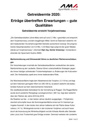 Vorschau Bild von Pressetext Getreideernte 2020