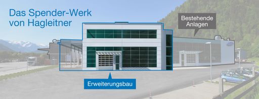 Vorschau Bild von Das Spender-Werk von Hagleitner: links der geplante
Erweiterungsbau (Drei-D-Visualisierung), rechts bestehende Anlagen