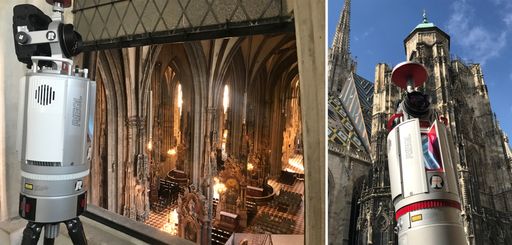 Vorschau Bild von Der RIEGL VZ-400i Laserscanner bei der
Datenaufnahme im und vor dem Stephansdom bei der Datenaufnahme im
und vor dem Stephansdom