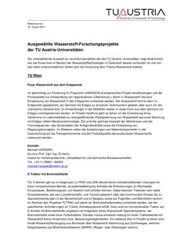 Vorschau Bild von Ausgewählte Wasserstoff-Forschungsprojekte der TU Austria-Universitäten Die im Dokument enthaltene Auswahl an Leuchtturmprojekten der drei TU Austria-Universitäten zeigt eindrücklich, wie viel Know-how im Bereich der Wasserstofftechnologien in Österreich bereits vorhanden ist und von wie vielen unterschiedlichen Seiten sich die Forschung dem Thema Wasserstoff widmet.