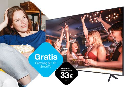 Ab 30. September 2020 erhalten Kunden, die einen
neuen unlimitierten PowerNet L 5G-Internetvertrag ab 19 Euro pro
Monat abschließen, zusätzlich zum Router einen 50 Zoll 4K Smart-TV
von Samsung um 0 Euro. Mehr auf www.drei.at/fernseher.