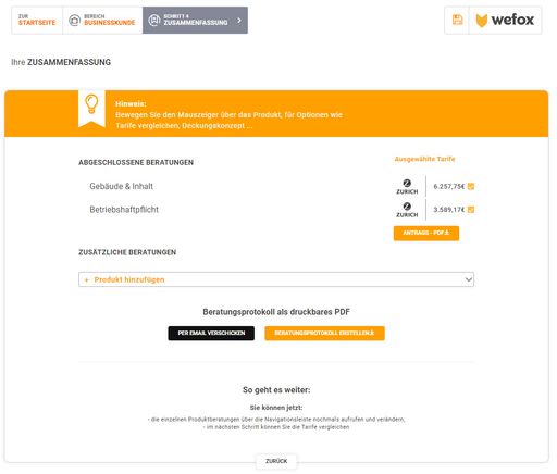 Vorschau Bild von In der Webapplikation werden alle Schritte von der
digitalen Bedarfserhebung bis hin zum Tarifvergleich und dem
Vertragsabschluss rechtssicher abgedeckt.