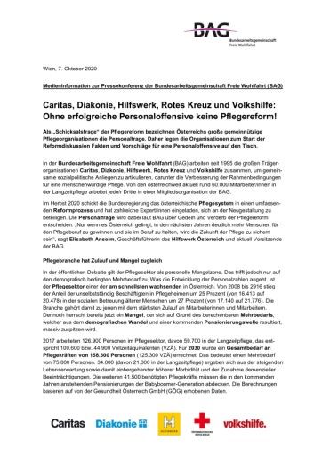 Vorschau Bild von Medieninformation zur Pressekonferenz "Caritas, Diakonie, Hilfswerk, Rotes Kreuz und Volkshilfe: Ohne erfolgreiche Personaloffensive keine Pflegereform!"
