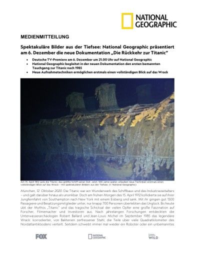 Vorschau Bild von Spektakuläre Bilder aus der Tiefsee: National Geographic präsentiert am 6. Dezember die neue Dokumentation "Die Rückkehr zur Titanic" (FOTO)