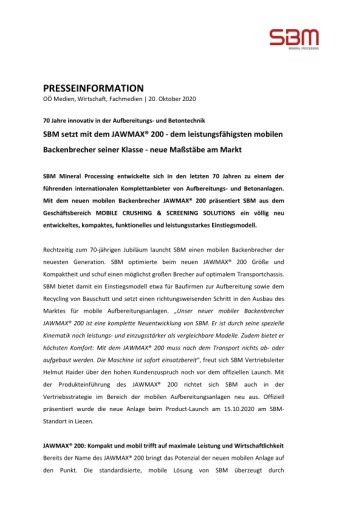 Vorschau Bild von SBM setzt mit dem JAWMAX® 200 - dem leistungsfähigsten mobilen Backenbrecher seiner Klasse - neue Maßstäbe am Markt