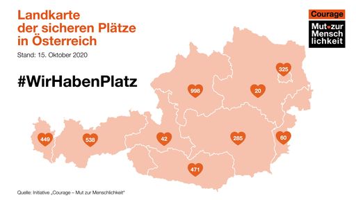 Landkarte der "sicheren Plätze": Mindestens 3.188
sichere Plätze gibt es in Österreich, um Menschen aus den
griechischen Lagern zu retten.