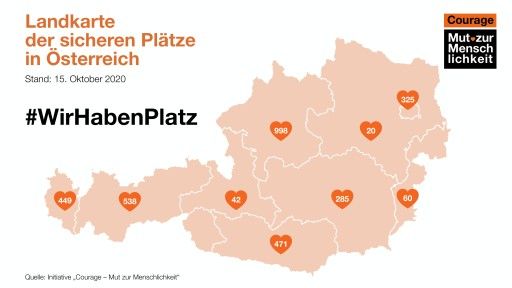 Vorschau Bild von Landkarte der "sicheren Plätze": Mindestens 3.188 sichere Plätze gibt es in Österreich, um Menschen aus den griechischen Lagern zu retten. (© Initiative "Courage – Mut zur Menschlichkeit", frei zur redaktionellen Verwendung)