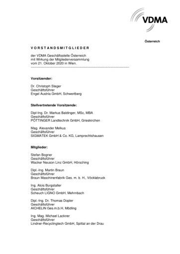 Vorschau Bild von Liste aller Vorstandsmitglieder der VDMA Geschäftsstelle Österreich