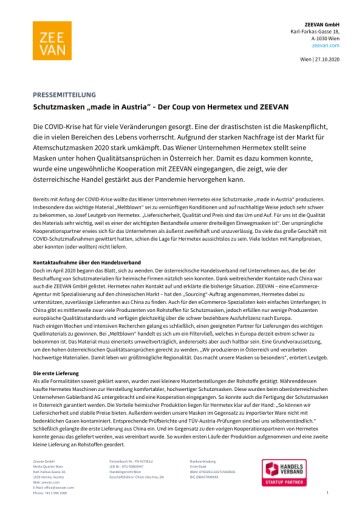 Vorschau Bild von Vollständige Pressemeldung zu: Schutzmasken "made in Austria" - Der Coup von Hermetex und ZEEVAN