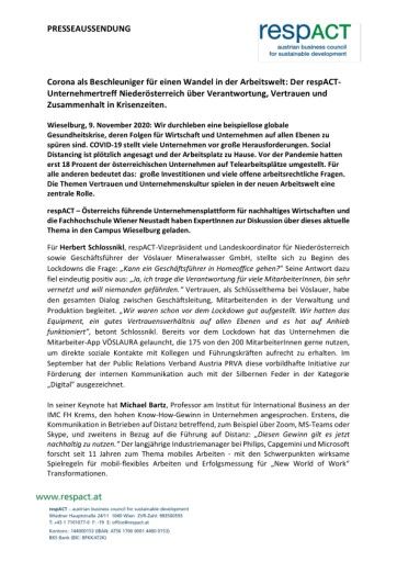 Vorschau Bild von Corona als Beschleuniger für einen Wandel in der Arbeitswelt: Der respACT-Unternehmertreff Niederösterreich über Verantwortung, Vertrauen und Zusammenhalt in Krisenzeiten.