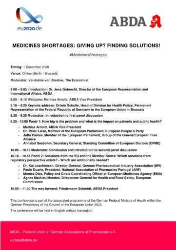 Vorschau Bild von Lieferengpässe bei Arzneimitteln: Apotheker wollen europäische Lösungen auf Konferenz mit zahlreichen Partnern erarbeiten (FOTO)