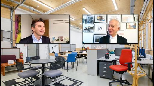 UniCredit Bank Austria CEO Robert Zadrazil und
Caritas Präsident Michael Landau in einer Videokonferenz, im
Hintergrund ist die Möbelspende der UniCredit Bank Austria zu sehen