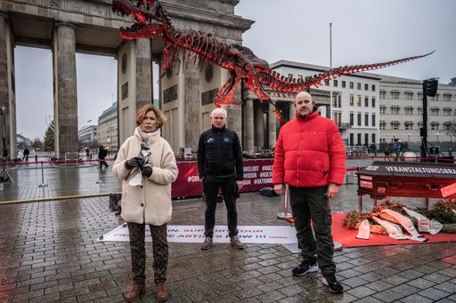 Mahnwache mit original T-Rex-Skelett vor dem Brandenburger Tor.
Manuel_Weidt_Photographer / Weiterer Text über ots und
www.presseportal.de/nr/130011 / Die Verwendung dieses Bildes ist für
redaktionelle Zwecke honorarfrei. Veröffentlichung bitte unter
Quellenangabe: "obs/Dinosaurier Museum Altmühltal/Manuel Weidt"