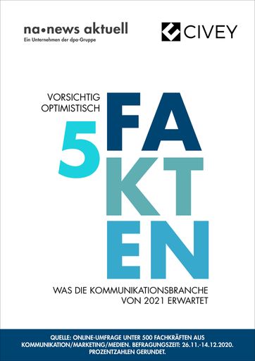 Vorschau Bild von Vorsichtiger Optimismus: Jeder zweite Kommunikationsexperte
blickt zuversichtlich auf das neue Jahr. Digitale Zusammenarbeit,
mehr Home-Office und weniger Dienstreisen sind die wichtigsten
Trends aus 2020, die sich 2021 in der Arbeitswelt fortsetzen. Die
größte Herausforderung der internen Kommunikation wird es sein, eine
Unternehmenskultur mit positivem Arbeitsklima zu schaffen. Zu diesen
Ergebnissen kommt die aktuelle Umfrage der dpa-Tochter news aktuell
und des Berliner Meinungsforschungs-Startup Civey. An der
Online-Befragung haben 500 Fachkräfte aus Kommunikation, Marketing
und Medien teilgenommen. / Weiterer Text über ots und
www.presseportal.de/nr/6344 / Die Verwendung dieses Bildes ist für
redaktionelle Zwecke honorarfrei. Veröffentlichung bitte unter
Quellenangabe: "obs/news aktuell GmbH"