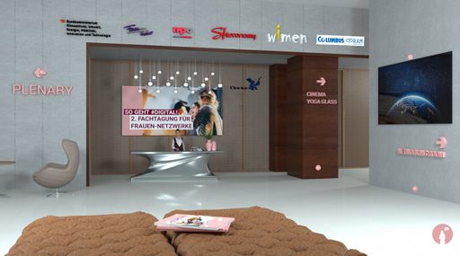  Screenshot, der die Virtual Venue zeigt, die den
Teilnehmerinnen ein beinahe reales Konferenzerlebnis ermöglichen
soll