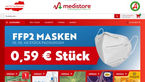  medistore.at, die Online-Apotheke aus Österreich,
bietet für Privatpersonen FFP2-Masken um 59 Cent ohne
Mengenbeschränkung mit einem einfachen Mausklick.