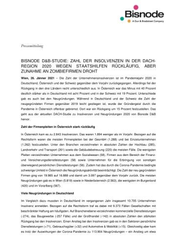  Bisnode D&B-Studie: Zahl der Insolvenzen in der DACH-Region 2020 wegen Staatshilfen rückläufig, aber Zunahme an Zombiefirmen droht