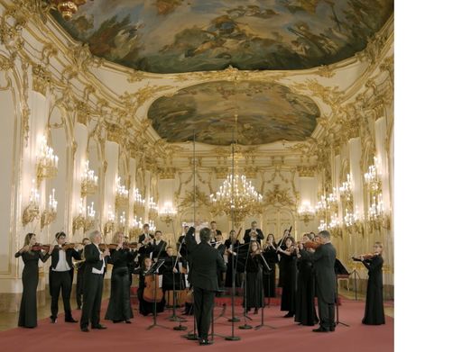 Musikvergnügen, Bildung und Unternahltung:
Musikerinnen und Musiker des Schloss Schönbrunn Orchesters in der
Großen Galerie (Screenshot)