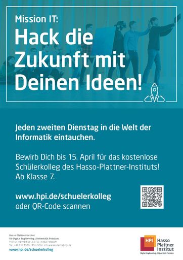 Plakat - das HPI-Schülerkolleg 2021/22 / Weiterer Text über ots
und www.presseportal.de/nr/22537 / Die Verwendung dieses Bildes ist
für redaktionelle Zwecke unter Beachtung ggf. genannter
Nutzungsbedingungen honorarfrei. Veröffentlichung bitte mit
Bildrechte-Hinweis.