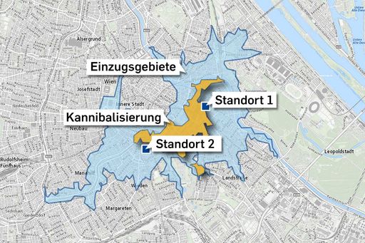 Für die Standorte 1 und 2 werden die definierten
Einzugsgebiete (blau) berechnet. Das QGIS Plugin zeigt schließlich
das überlappende Gebiet (orange) an und beziffert konkret die
Kannibalisierungseffekte.