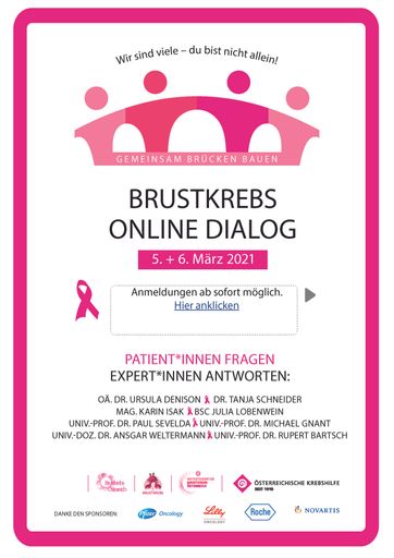 Vorschau Bild von BRUSTKREBS ONLINE DIALOG am 5.3./6.3.2021
Patient*innen fragen - Expert*innen antworten.