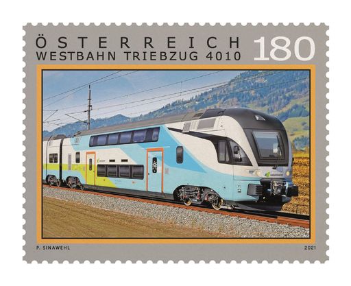 Seit Dezember 2011 ist die WESTbahn zwischen Wien und Salzburg
auf der Schiene unterwegs. Zum heuer bevorstehenden zehnjährigen
Jubiläum gratuliert die Österreichische Post dem Unternehmen mit den
blau-weiß-grünen Zügen mit einer eigenen Sondermarke.