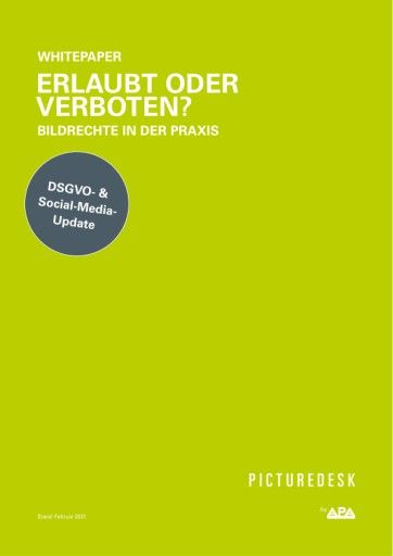  Das aktualisierte Whitepaper von APA-PictureDesk informiert umfangreich zum Thema Bildrechte. Anhand anwendungsorientierter Beispiele wird die Rechtslage für alle Aktivitäten – von der Bildbeschaffung bis zum Sharing auf Social Media – übersichtlich dargestellt; Expertinnen und Bild-Profis geben zudem wertvolle Praxis-Tipps zum Recht am Bild.