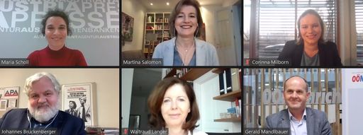  Das Online-Podium der Diskussion „Ein Jahr Corona
und die Medien“ v. oben links: Maria Scholl (Moderation, APA),
Martina Salomon (Kurier), Corinna Milborn (ProSieben.Sat1.PULS 4),
Johannes Bruckenberger (APA), Waltraud Langer (ORF) und Gerald
Mandlbauer (OÖN).