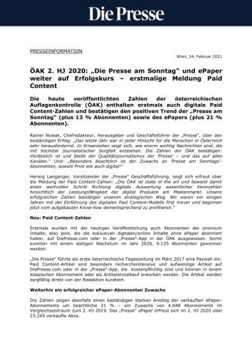 Vorschau Bild von Presseaussendung "Die Presse" ÖAK Zahlen - Veröffentlichung 24.2.2021
