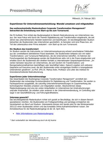 Vorschau Bild von Pressemittelung "ExpertInnen für Unternehmensentwicklung" als PDF.