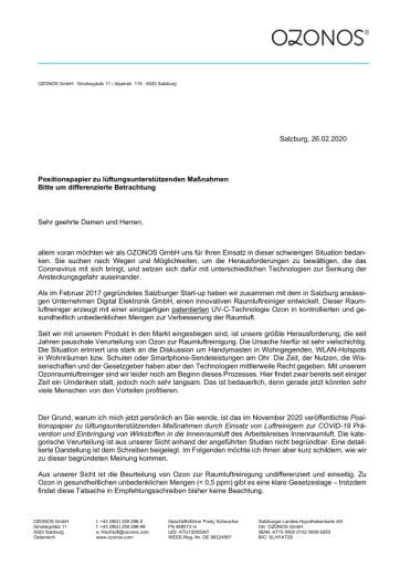 Vorschau Bild von OZONOS Positionspapier zu lüftungsunterstützenden Maßnahmen