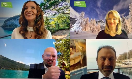  Seit zehn Jahren arbeiten Kärnten, Friaul-Julisch
Venetien und Slowenien mit grenzüberschreitenden Projekten sehr
erfolgreich zusammen, um Synergien im Tourismus zu schaffen. Bei der
heutigen, digitalen Pressekonferenz mit Christian Kresse, GF Kärnten
Werbung (li), Maja Pak, Direktorin des Slowenischen
Fremdenverkehrsamtes (re), und Lucio Gomiero, Direktor Promo Turismo
FVG (re), wurde Bilanz gezogen und die weitere Zusammenarbeit
bestätigt. Moderatorin Mojca Mavec (li).