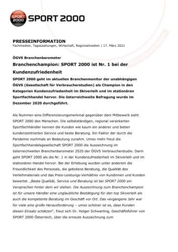 Vorschau Bild von Branchenchampion: SPORT 2000 ist Nr. 1 bei der Kundenzufriedenheit