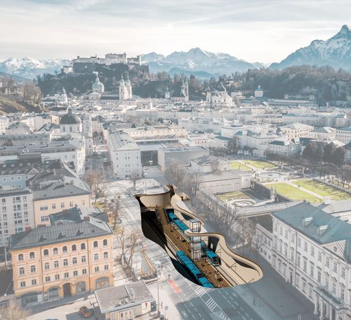 Das erste konkrete S-LINK Projekt: Die Lokalbahn
wird unterirdisch bis zum Mirabellplatz verlängert. [Vermerk: Diese
Darstellung ist symbolisch. Die tatsächliche Ausführung – etwa bei
der Farbgebung der Züge – kann davon abweichen.]