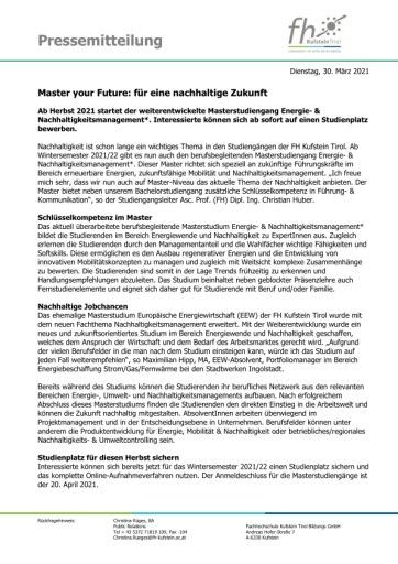 Vorschau Bild von Pressemitteilung "Master your Future: für eine nachhaltige Zukunft"
