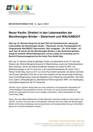Vorschau Bild von Presseaussendung: Neuer Kaufmännischer Direktor in den Lebenswelten der Barmherzigen Brüder - Steiermark und WALKABOUT