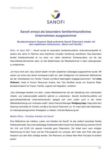 Vorschau Bild von Sanofi erneut mit dem Gütesiegel für Beruf und Familie ausgezeichnet