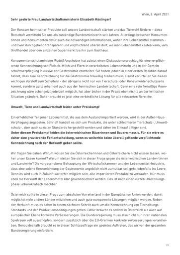 Vorschau Bild von Der Offene Brief an Landwirtschaftsministerin Köstinger, verfasst von VIER PFOTEN, WWF, GLOBAL 2000 und Land schafft Leben