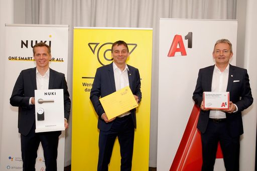 Mag. Martin Pansy, CEO der Nuki Home Solutions GmbH, DI Peter
Umundum, Vorstand für Paket & Logistik, Österreichische Post AG,
Marcus Grausam, CEO der A1 Telekom Austria AG