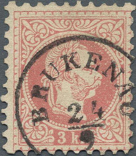 Die Marke aus dem Jahr 1867 wurde in der Farbe Rot
anstatt Grün gedruckt. Beim Auktionshaus Merkurphila in Wien wurde
sie um 135.000 € + 20 % Aufgeld versteigert.