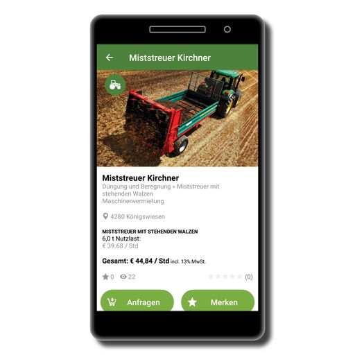 Vorschau Bild von Landwirtschaftliche Maschinen und agrarische
Dienstleistungen suchen und buchen oder anbieten, vermieten und
abrechnen mit der neuen App Maschinenring Teamwork.