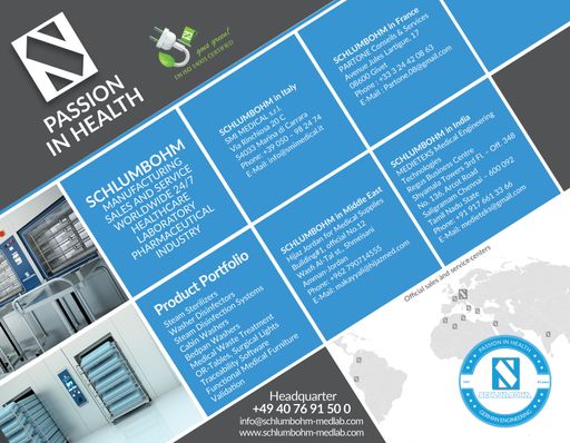 Vorschau Bild von SCHLUMBOHM Medizin-Labor-Technologie GmbH, Steam Sterilizers;
Washer Disinfectors; Steam Disinfection Systems; Cabin Washers;
Bedpan Washers; Medical Waste Treatment; OR-Tables; Surgical Lights;
Traceability Software; Functional Medical Furniture; Validation. /
Weiterer Text über ots und www.presseportal.de/nr/153367 / Die
Verwendung dieses Bildes ist für redaktionelle Zwecke unter
Beachtung ggf. genannter Nutzungsbedingungen honorarfrei.
Veröffentlichung bitte mit Bildrechte-Hinweis.