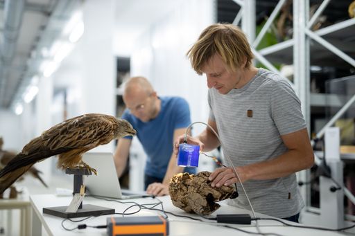 Klaus Hochradel (li.) und Christof Happ vom
Institut für Mess- und Sensor­technik arbeiten an einem
Kamerasystem, um Schlagopfer rund um Windkraftanlagen automatisiert
zu detektieren.