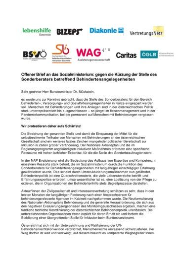 Vorschau Bild von Offener Brief an das Sozialministerium: Gegen die Kürzung der Stelle des Sonderberaters betreffend Behindertenangelegenheiten