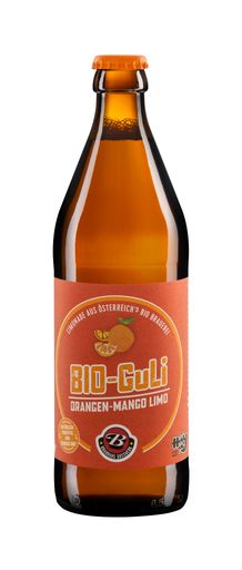 Vorschau Bild von Bio-GuLi Orangen-Mango. Alle GuLi‘s sind
zertifiziert vegan und glutenfrei. Erhältlich in der 0,5 Liter
Mehrweg Flasche. In Übereinstimmung mit der brandneuen grünen
Verordnung zu Mehrwegflaschen.