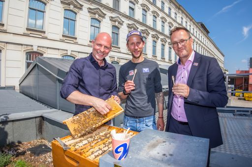 Vorschau Bild von Imkermeister Thomas Zelenka, Ex-Skispringer Martin
Koch und Manner CEO Mag. Andreas Kutil