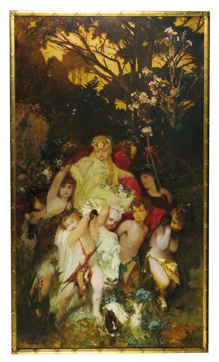 Vorschau Bild von Hans Makart, Moderne Amoretten, Triptychon,
signiert auf der Mitteltafel, Öl auf Leinwand, 292 x 167 cm, gerahmt