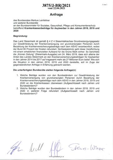 Vorschau Bild von Parlamentarische Anfrage betreffend „Krankenkassenbeiträge für Asylwerber in den Jahren 2018, 2019 und 2020“